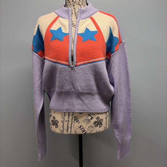 BDG Urban Outfitters Half-Zip Jesse Pullover Sweater Purple/Star Print Sz Small - Picture 2 of 6